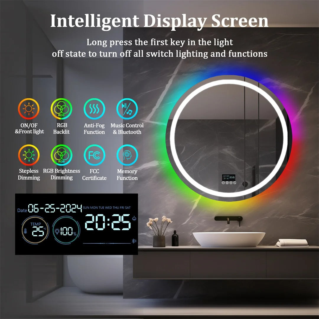 Espejo LED Inteligente Redondo RGB Glitzy con Altavoces Bluetooth, Doble Iluminación y Antivaho para Baño