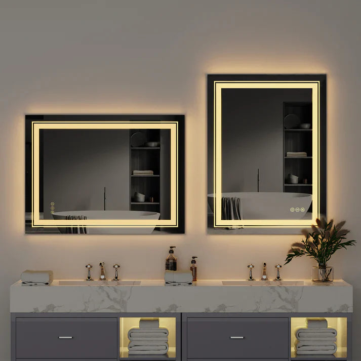 Espejo de Baño LED Rectangular con Doble Iluminación, Iluminación Inteligente, Regulable y Antivaho, Ideal para Maquillaje