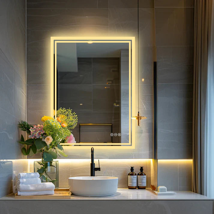 Espejo de Baño LED Rectangular con Retroiluminación, Gran Tamaño, Regulable, Control Táctil e Impermeable