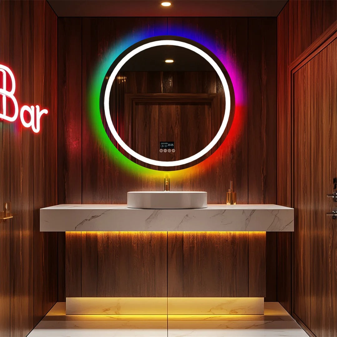Espejo LED Inteligente Redondo RGB Glitzy con Altavoces Bluetooth, Doble Iluminación y Antivaho para Baño