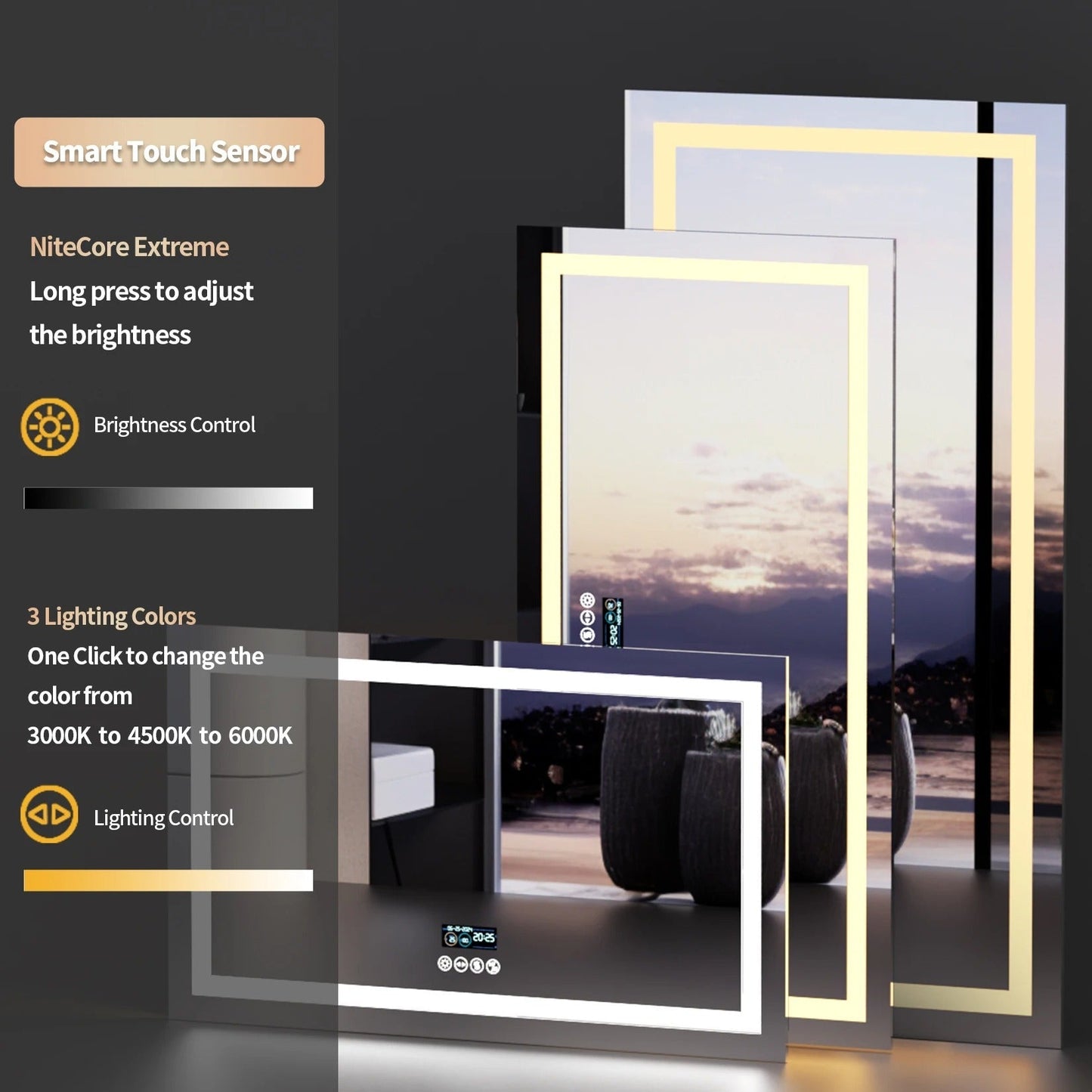 Espejo LED Inteligente para Baño con Bluetooth, Rectangular con Doble Iluminación, Antivaho y 3 Colores de Luz