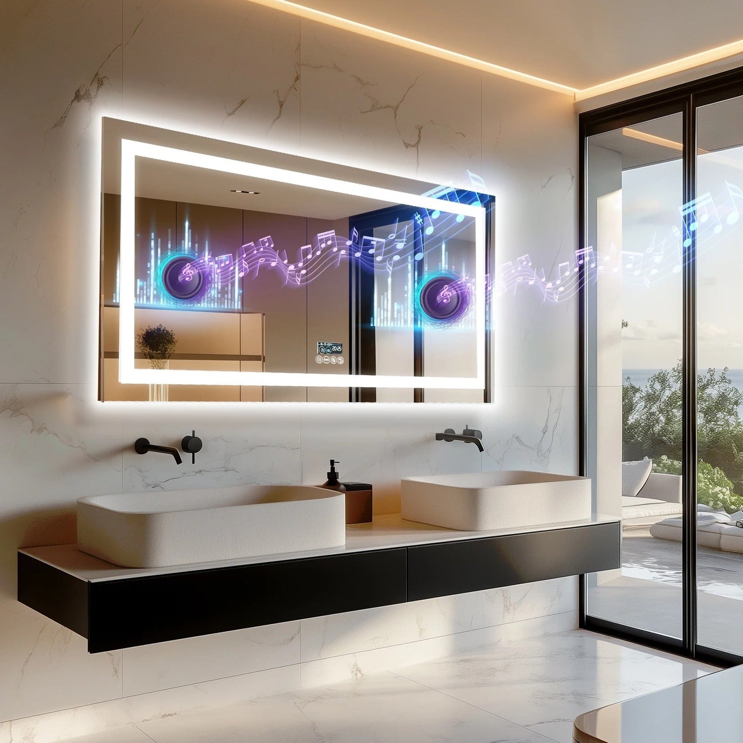 Espejo LED Inteligente para Baño con Bluetooth, Rectangular con Doble Iluminación, Antivaho y 3 Colores de Luz