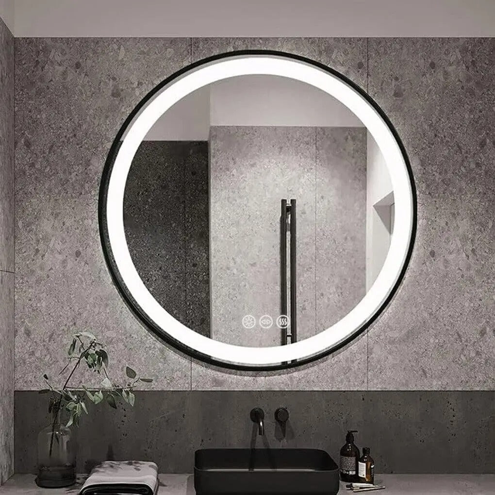 Espejo Redondo con Marco Negro para Baño, Espejo de Tocador Iluminado con Luz Frontal, Montado en la Pared, Antivaho y Control Táctil Regulable