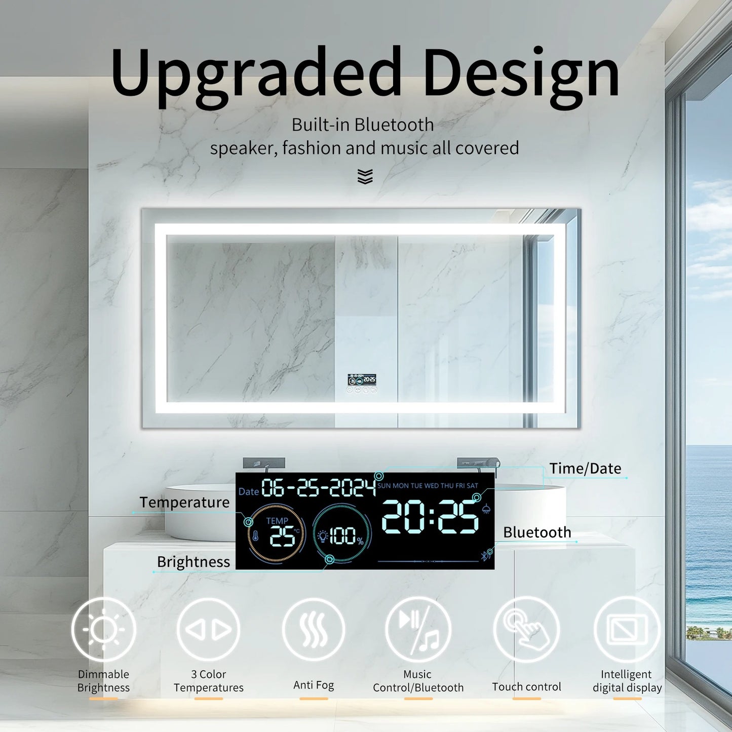 Espejo LED Inteligente para Baño con Bluetooth, Rectangular con Doble Iluminación, Antivaho y 3 Colores de Luz