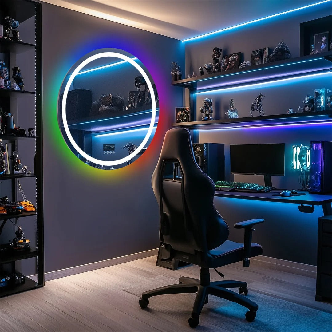 Espejo LED Inteligente Redondo RGB Glitzy con Altavoces Bluetooth, Doble Iluminación y Antivaho para Baño