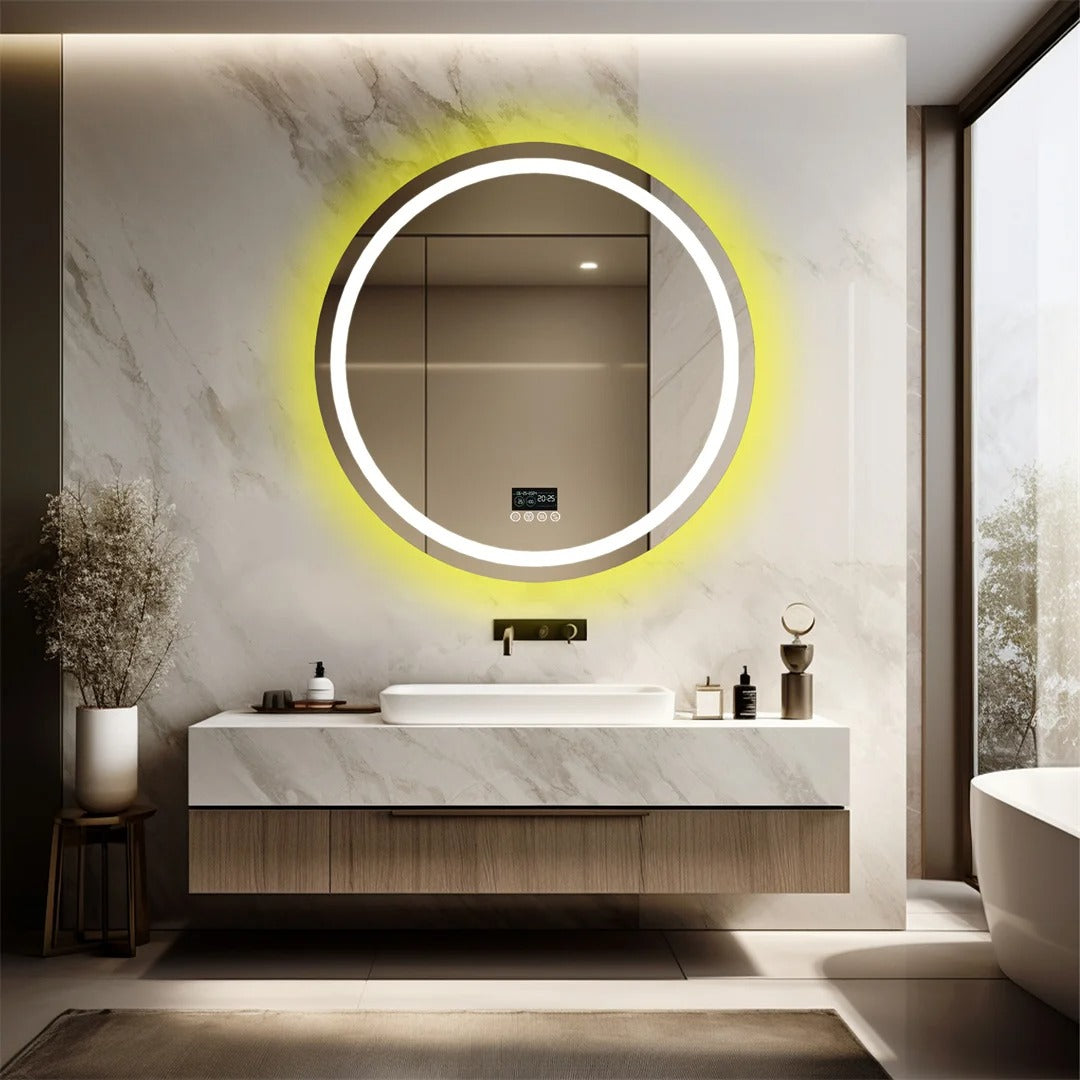 Espejo LED Inteligente Redondo RGB Glitzy con Altavoces Bluetooth, Doble Iluminación y Antivaho para Baño