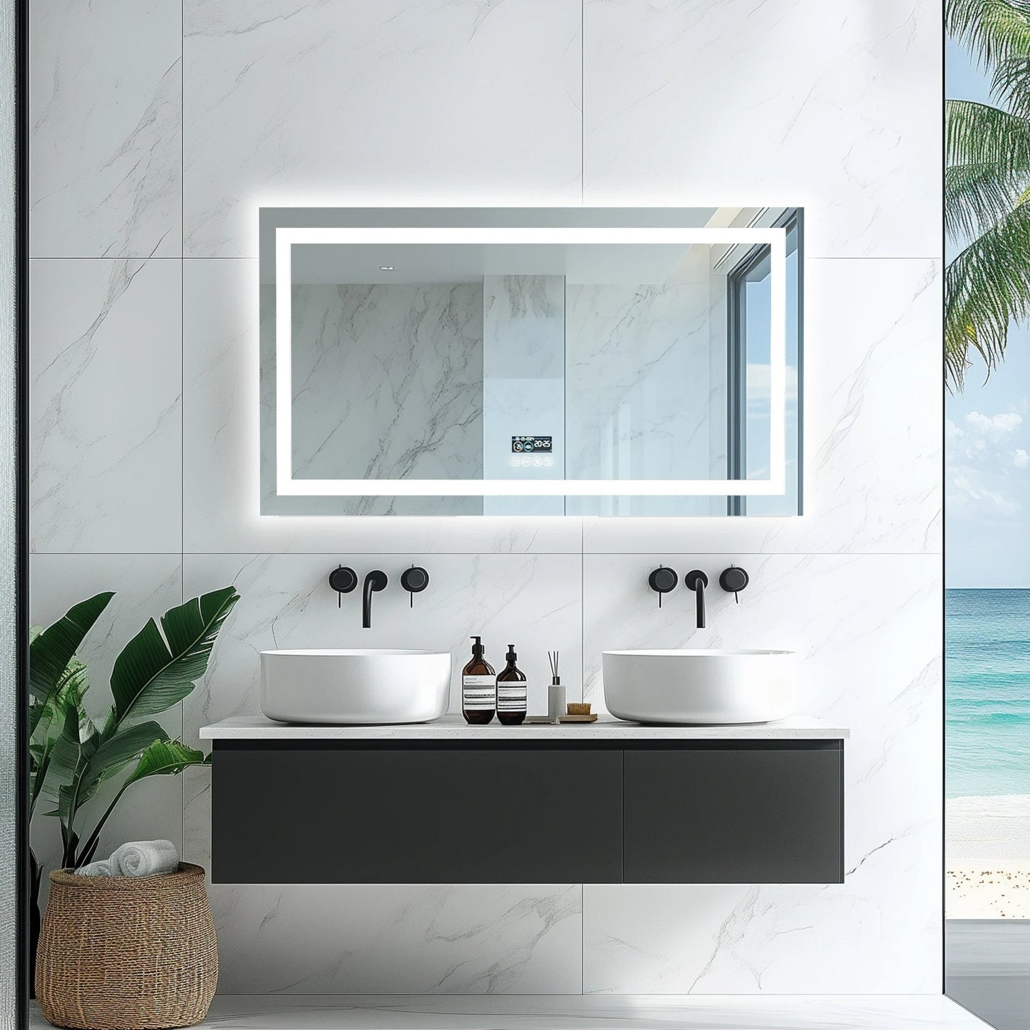 Espejo LED Inteligente para Baño con Bluetooth, Rectangular con Doble Iluminación, Antivaho y 3 Colores de Luz