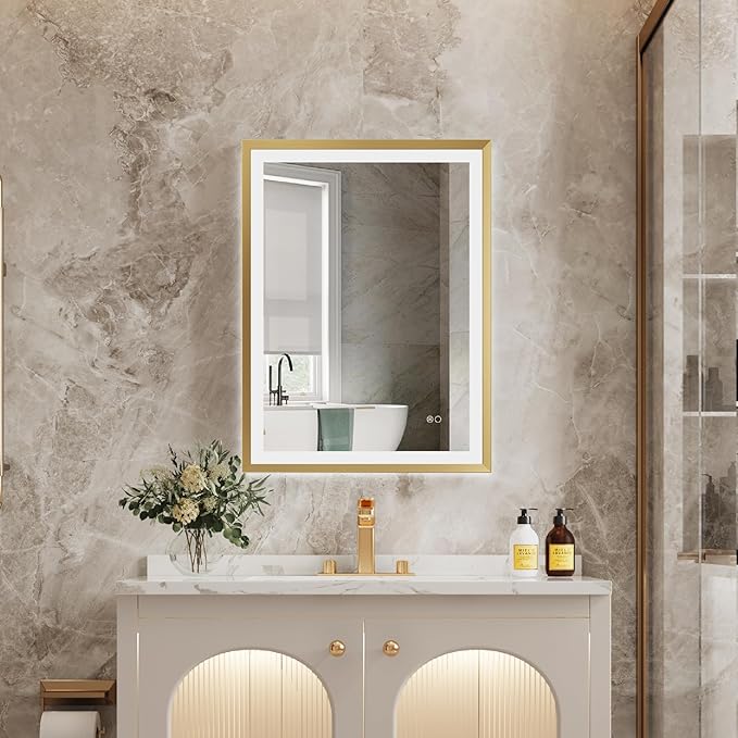 Espejo LED Inteligente Rectangular con Marco de Aluminio Dorado, Luz Frontal, Antivaho y Montaje en Pared para Baño