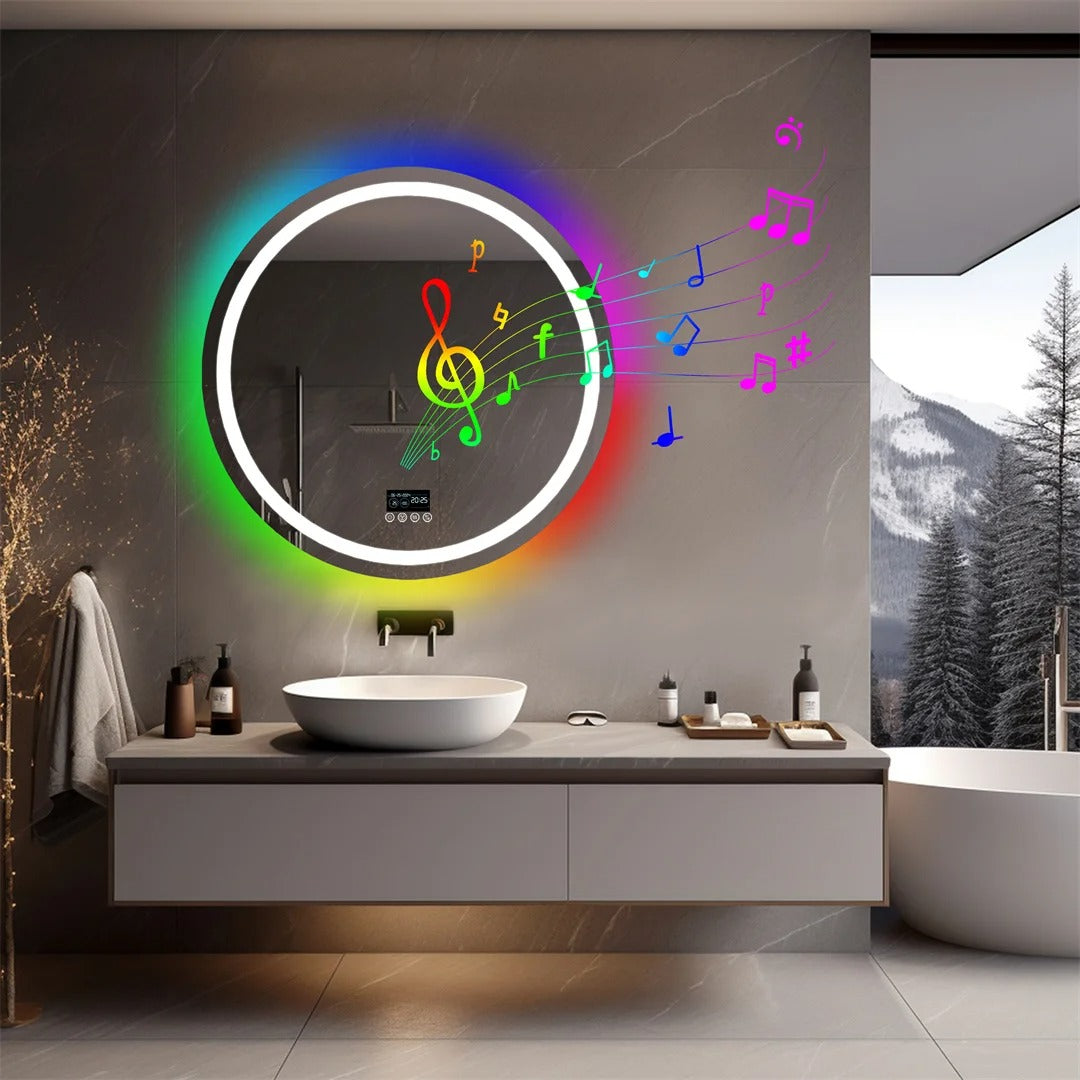 Espejo LED Inteligente Redondo RGB Glitzy con Altavoces Bluetooth, Doble Iluminación y Antivaho para Baño
