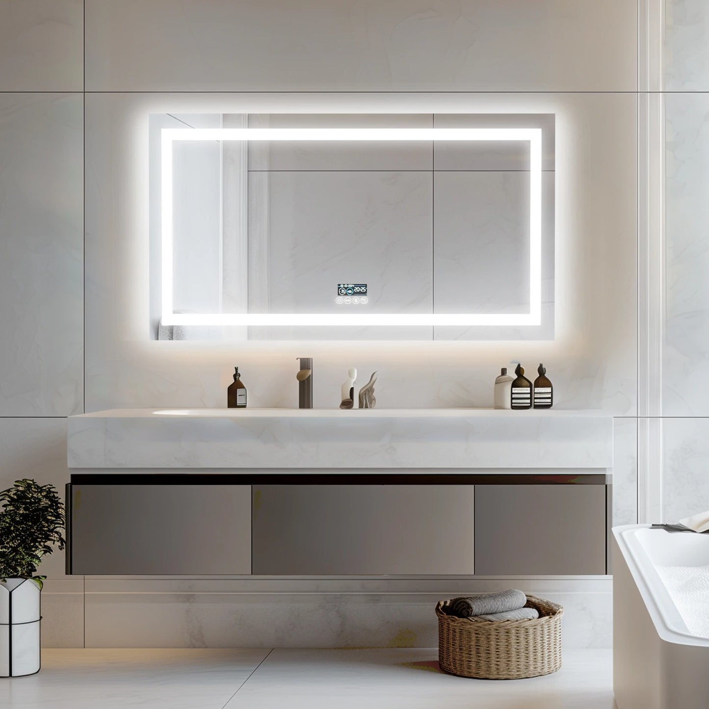 Espejo LED Inteligente para Baño con Bluetooth, Rectangular con Doble Iluminación, Antivaho y 3 Colores de Luz