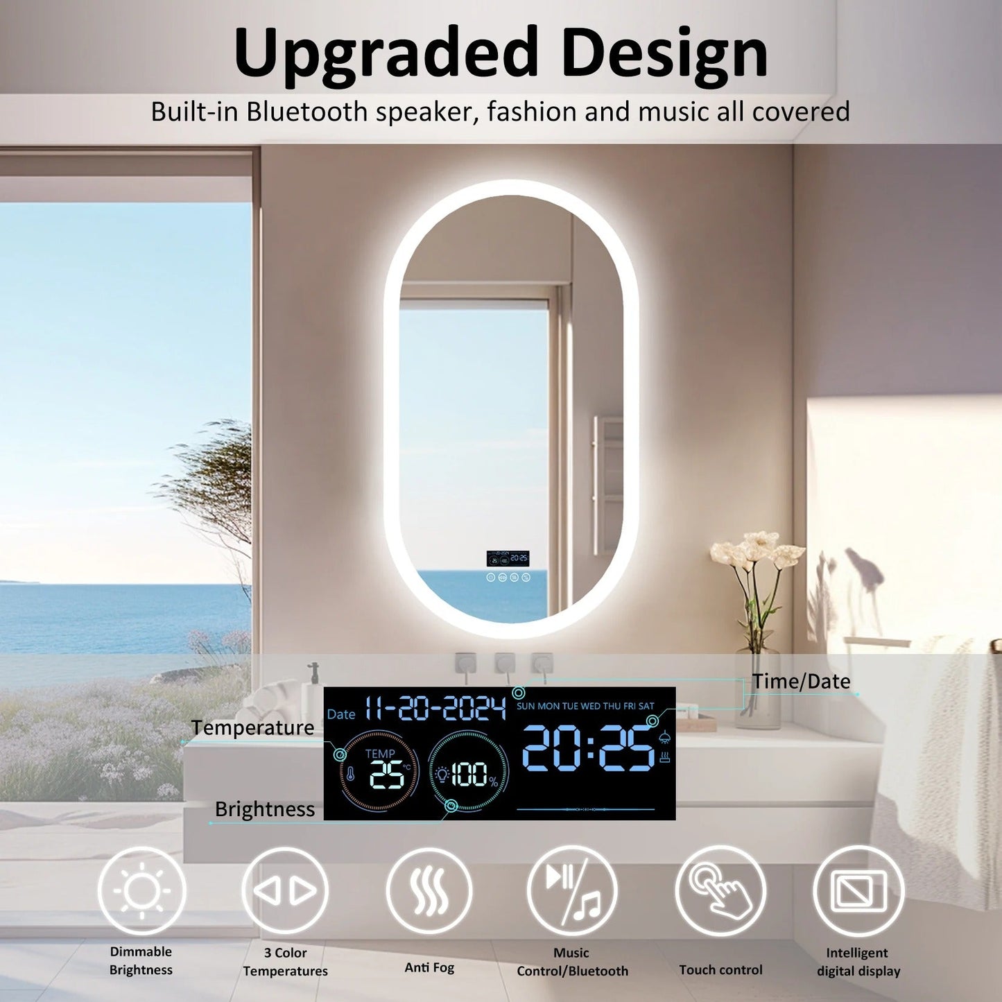 Espejo LED Ovalado Inteligente para Baño con Altavoz Bluetooth – Diseño con Sensor Táctil y Antivaho