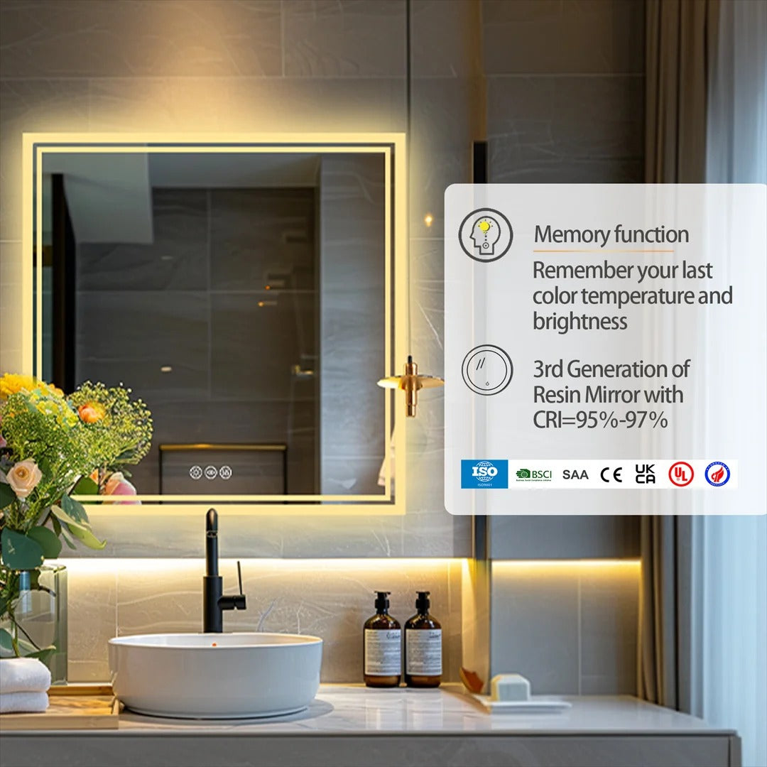 Espejo de Baño Cuadrado con Luz LED Retroiluminada, Espejo de Maquillaje o de Pared, Espejo de Tocador sin Marco, Antivaho