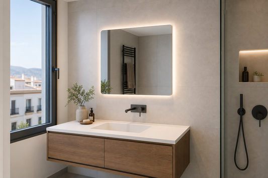 Espejo LED colocado a altura correcta sobre lavabo moderno