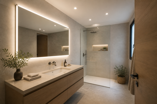Baño moderno con espejo LED y focos de techo combinados para una iluminación equilibrada