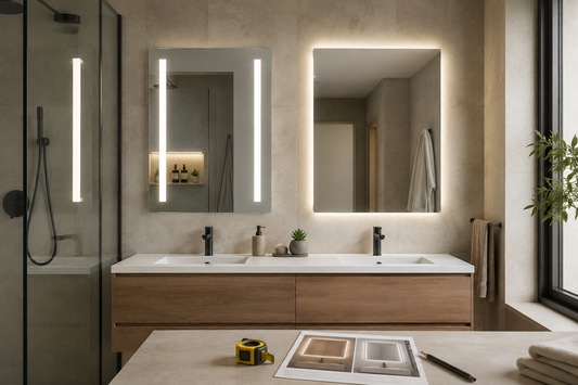 Dos espejos LED similares comparados sobre un mueble de baño moderno