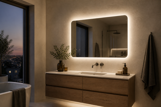 Espejo retroiluminado creando luz ambiental cálida en un baño moderno