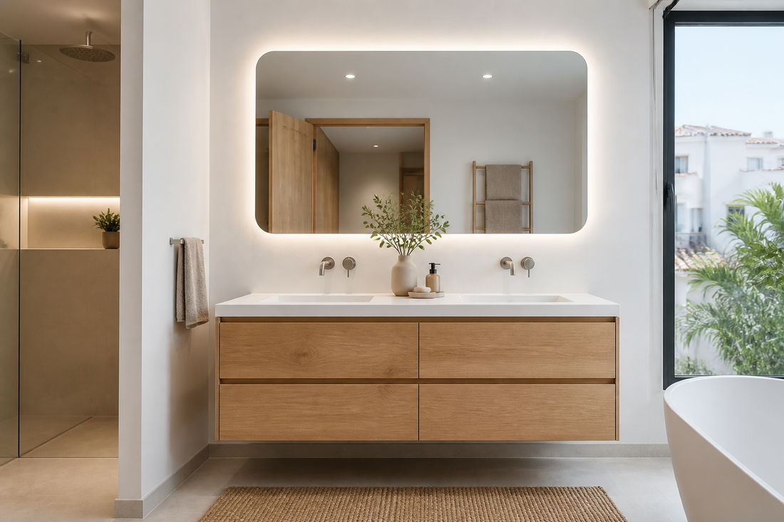 Baño blanco y madera con espejo LED cálido y aspecto natural