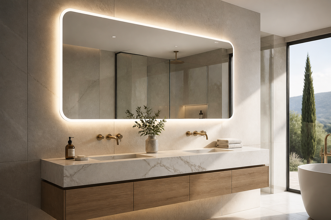 Baño con mármol o piedra natural y espejo LED retroiluminado elegante