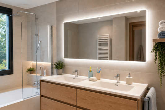 Baño familiar con espejo LED grande sobre lavabo doble