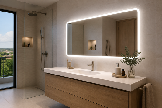 Espejo LED de baño con luz frontal reduciendo sombras en la cara