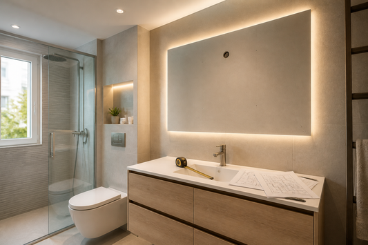 Plano de reforma de baño y pared preparada para espejo LED sin cables visibles