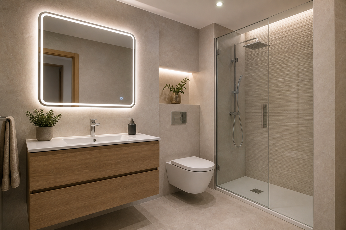 Espejo LED instalado cerca de una ducha con separación segura en un baño moderno