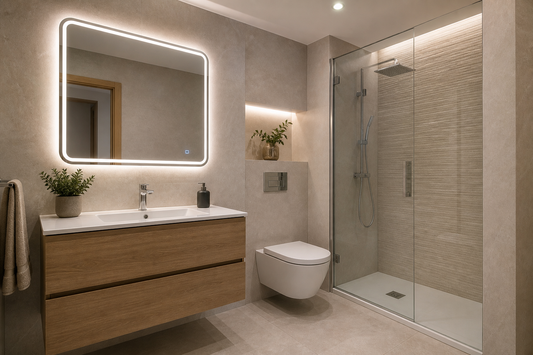 Espejo LED instalado cerca de una ducha con separación segura en un baño moderno