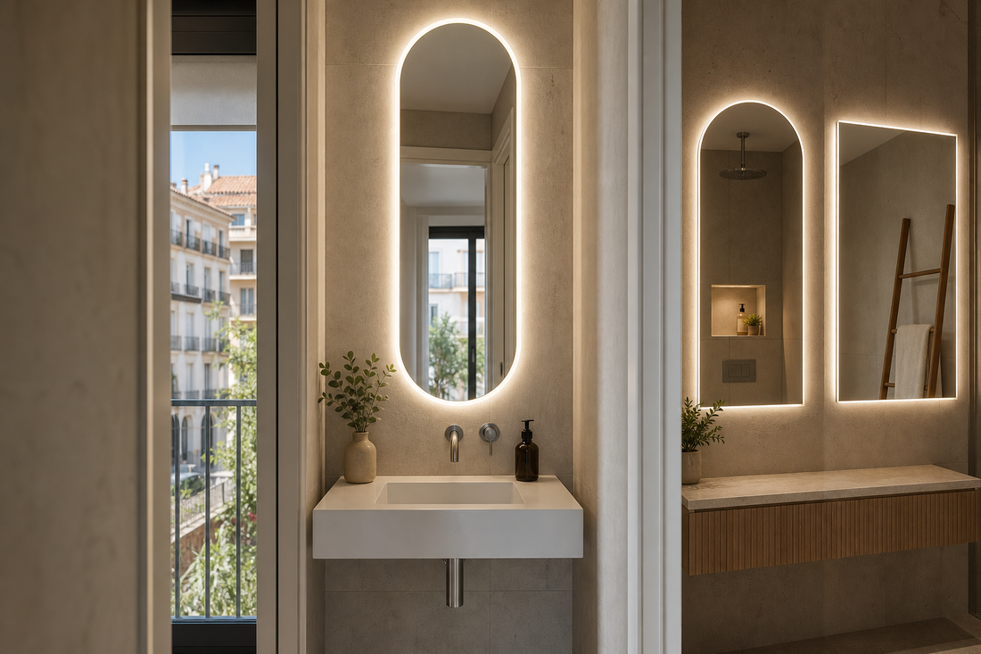 Baño estrecho moderno con espejo LED ovalado, arqueado y rectangular