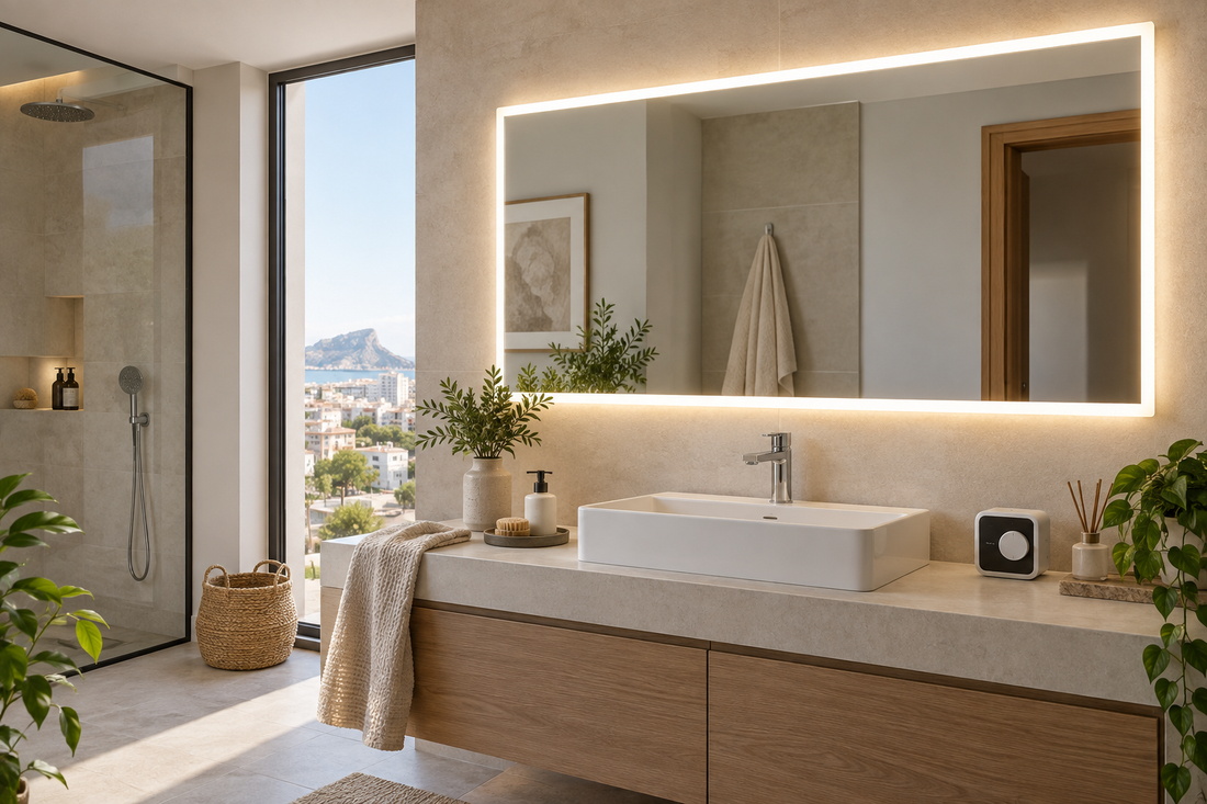 Espejo LED de baño encendido con iluminación eficiente en un baño moderno