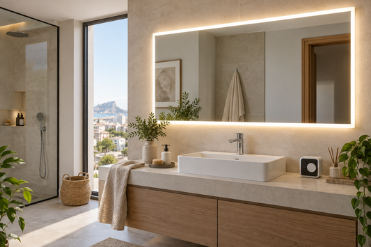 Espejo LED de baño encendido con iluminación eficiente en un baño moderno