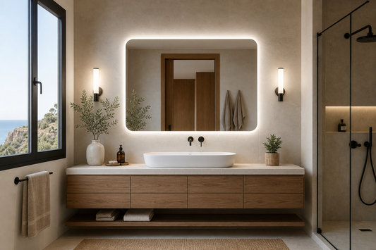 Espejo LED de baño iluminando un lavabo con luz suficiente para el rostro