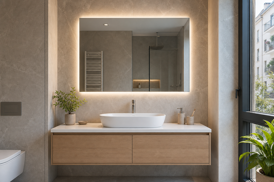 Espejo LED proporcionado sobre lavabo en baño moderno