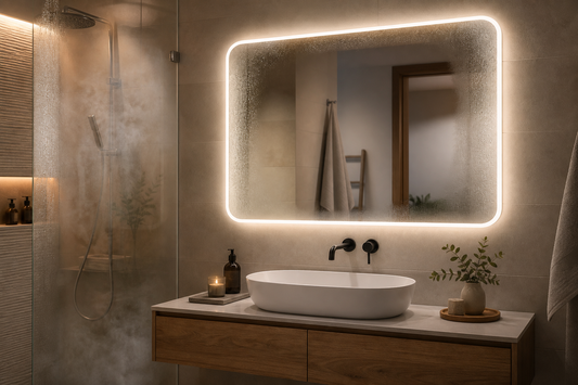 Espejo antivaho o espejo LED normal en un baño con vapor tras la ducha