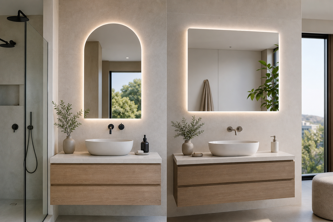 Espejo arqueado y rectangular LED en un baño moderno