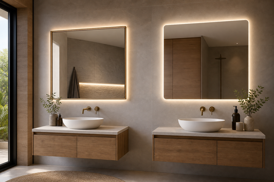 Baño moderno con espejo LED con marco y espejo LED sin marco comparados