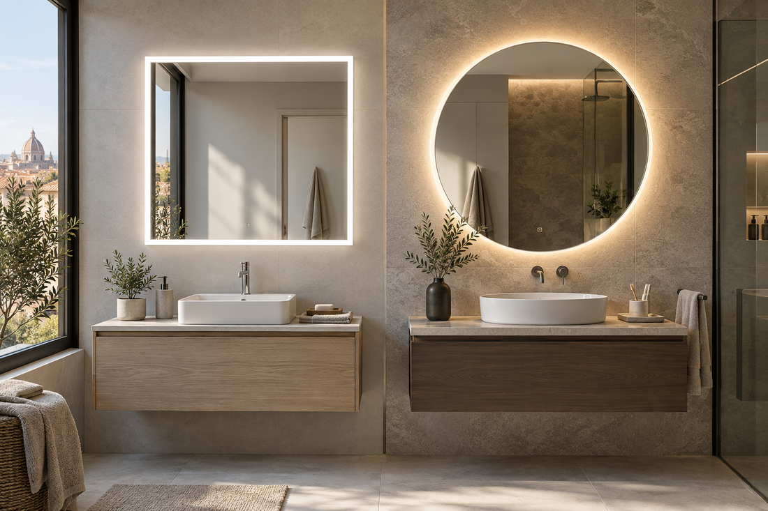 Espejo LED barato y espejo LED premium comparados en un baño moderno