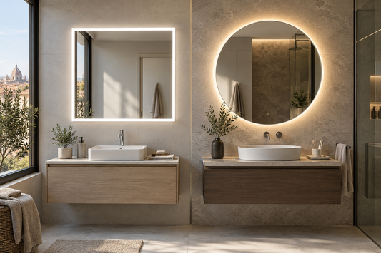 Espejo LED barato y espejo LED premium comparados en un baño moderno