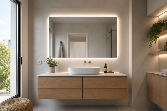 Espejo LED con enchufe o conexión directa en un baño moderno