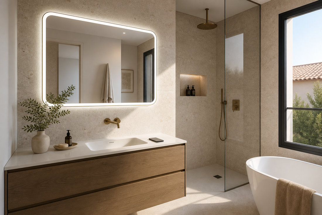 Espejo LED inteligente con Bluetooth en un baño moderno