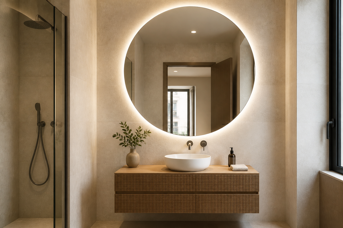 Espejo LED redondo grande sobre mueble pequeño en un baño moderno