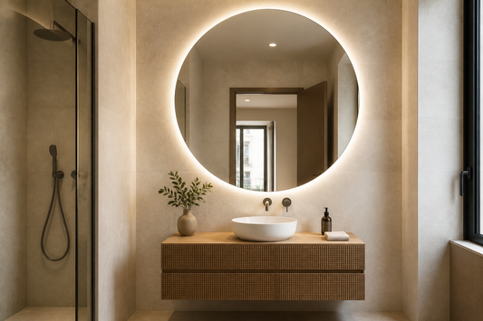Espejo LED redondo grande sobre mueble pequeño en un baño moderno