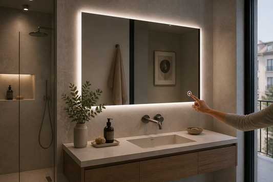 Espejo LED regulable con control táctil de brillo en un baño moderno