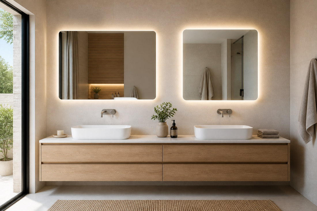 Espejo rectangular LED y espejo cuadrado LED comparados en un baño moderno
