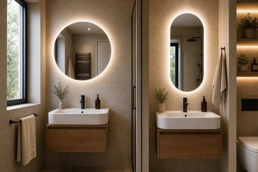 Espejo LED redondo y ovalado en un baño pequeño moderno