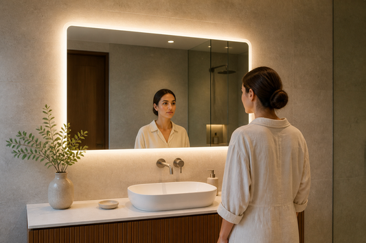 Espejo retroiluminado con halo suave y rostro iluminado indirectamente en baño moderno
