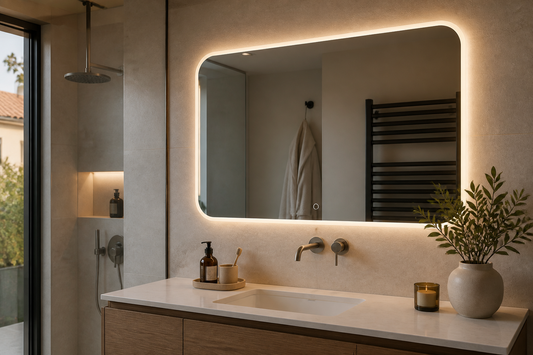 Espejo LED con función memoria y control táctil en un baño moderno