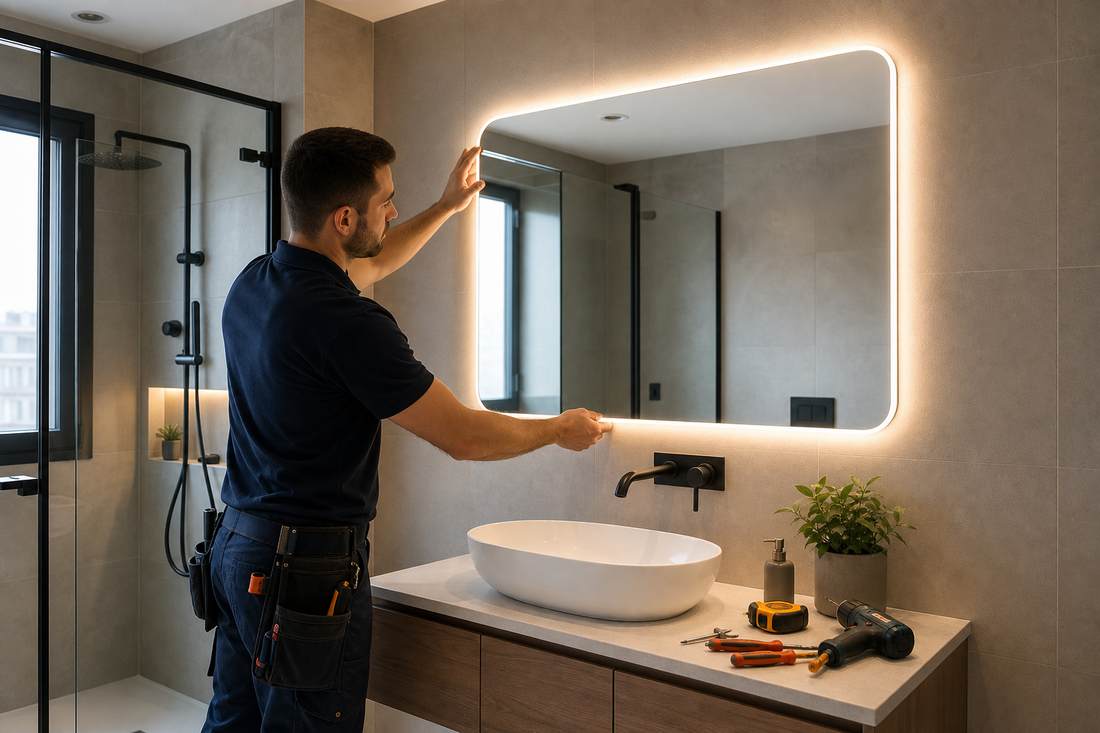 Instalador colocando un espejo LED de baño con criterio seguro