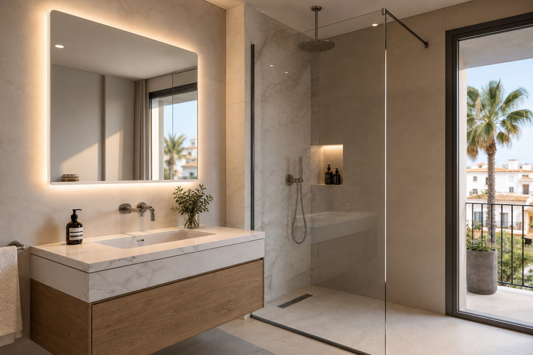 Espejo LED de baño cerca de una ducha con separación segura y sin cableado visible