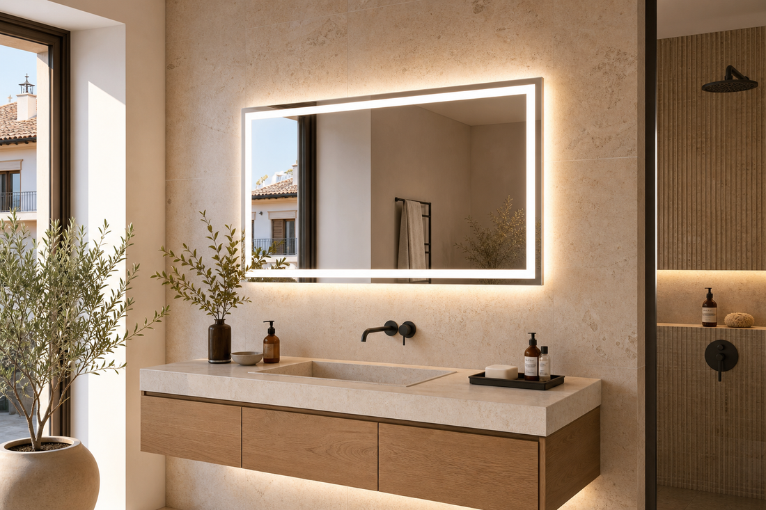 Espejo LED con doble iluminación en un baño moderno