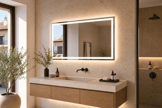 Espejo LED con doble iluminación en un baño moderno
